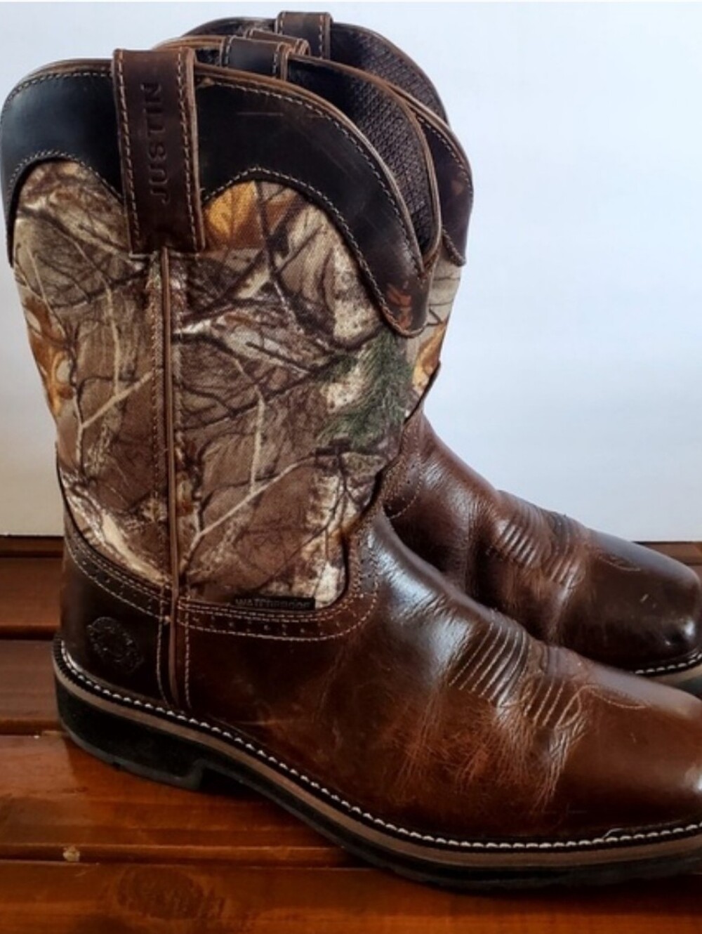 Justin Boots Brown Leather with Camouflage Shaft Cowboy Boots - Men 10.5 EE